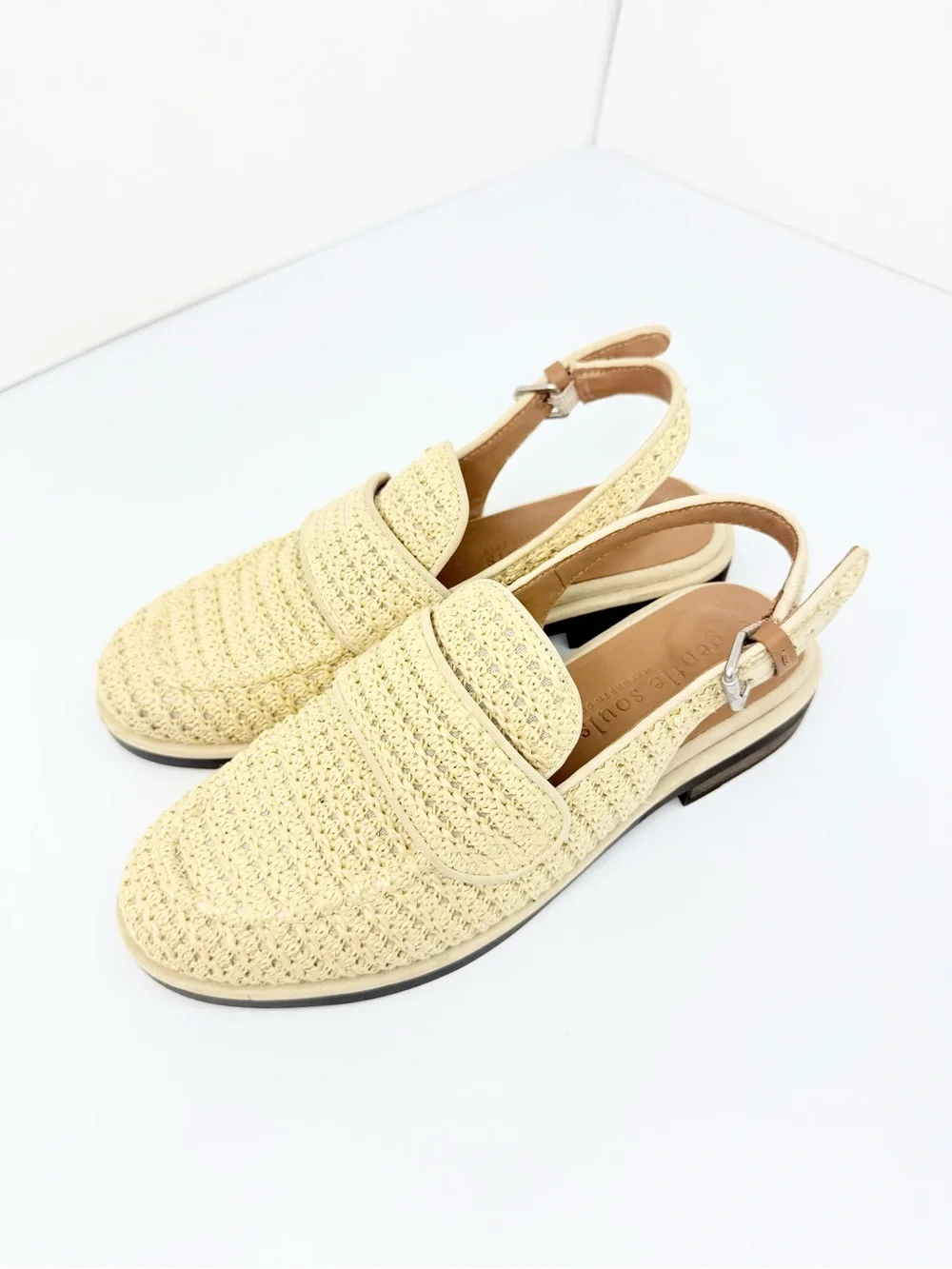 Gentle Souls CALEB Cream Woven Raffia Low Heel Open Back Slingback Loafers